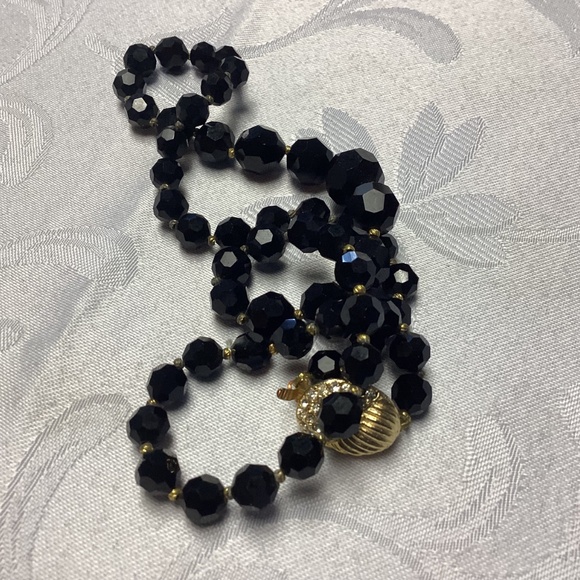 Vintage Czech Jet Crystal Beads / RHINESTONE CLASP  Necklace  mom’s collection - Picture 3 of 11